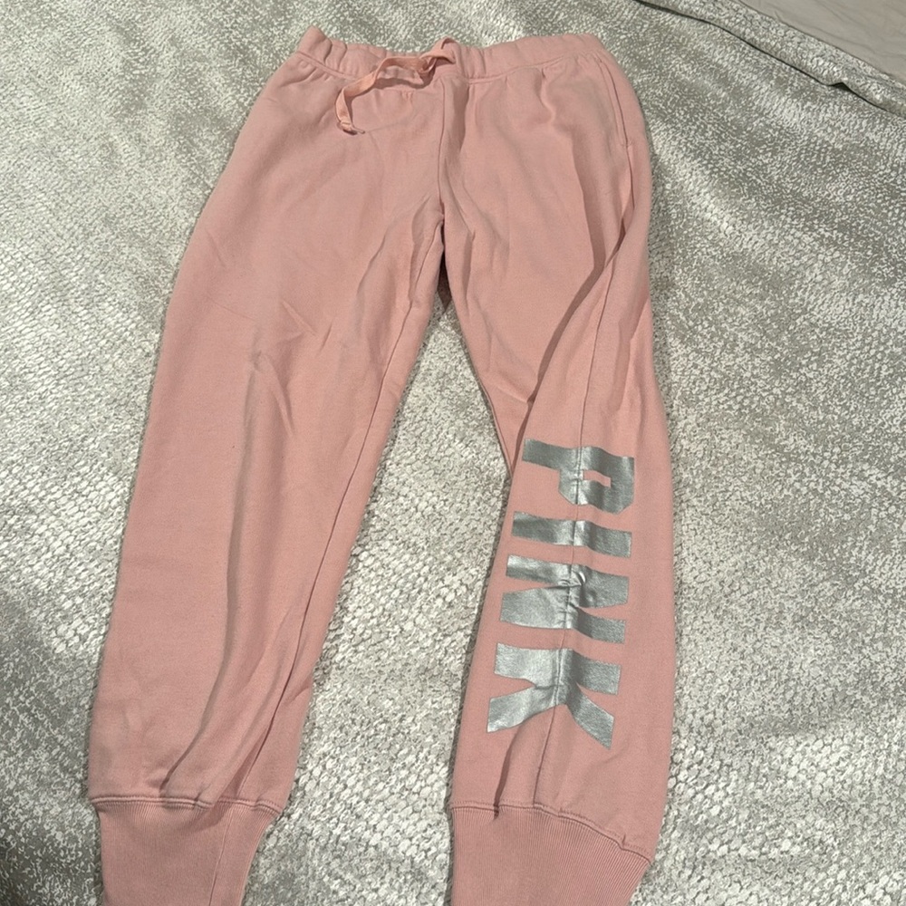 Small Pink Sweatpants with Metalic Silver Lettering down side of the leg